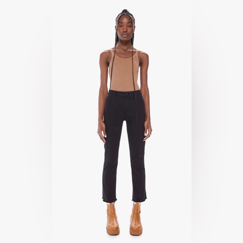MOTHER The Rascal Ankle Step Fray Slim Straight Jeans Washed Black Raw Hem, 26
